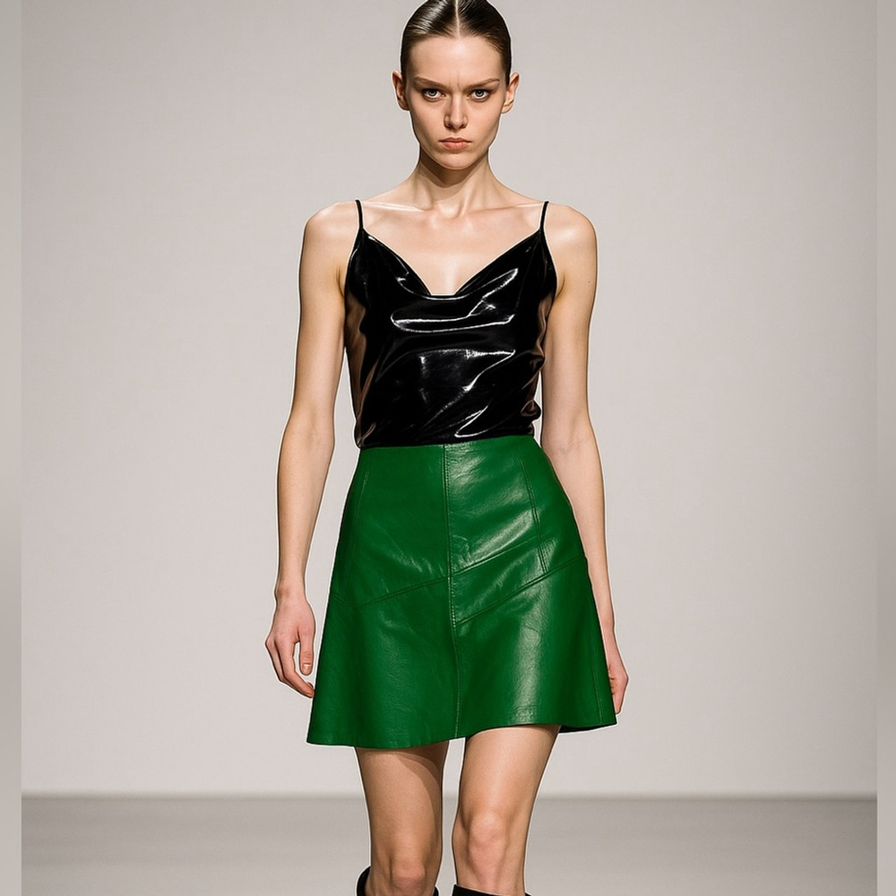 kelly Green lamb Leather Skirt - Picture 2 of 7